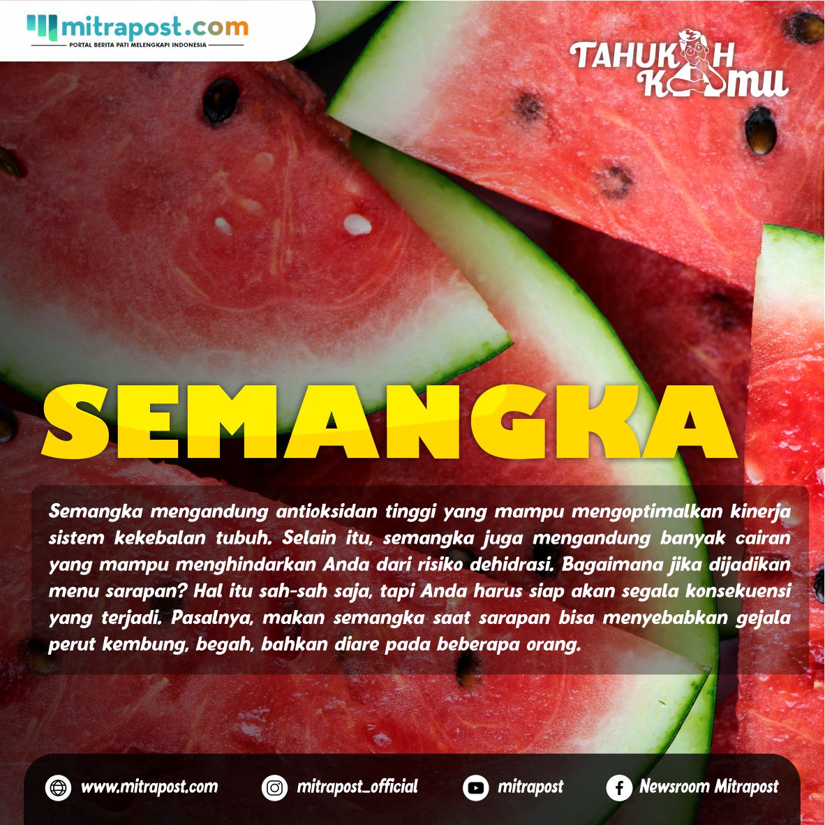 Buah-buahan mengandung ragam nutrisi yang bisa mendatangkan banyak manfaat untuk tubuh. Maka tak heran, buah sering dipilih untuk dikonsumsi saat sarapan dengan harapan bisa membantu memenuhi kebutuhan gizi di pagi hari dan menunjang aktivitas di siang hari.  Konsumsi jenis buah yang tidak baik untuk sarapan, justru bisa menimbulkan keluhan yang akan mengganggu aktivitas Anda. Gejala yang tidak diharapkan dapat terjadi jika Anda memiliki kecenderungan terhadap gangguan kesehatan tertentu.  Lalu, buah-buahan apa saja yang tidak boleh untuk sarapan? Ini dia beberapa di antaranya,